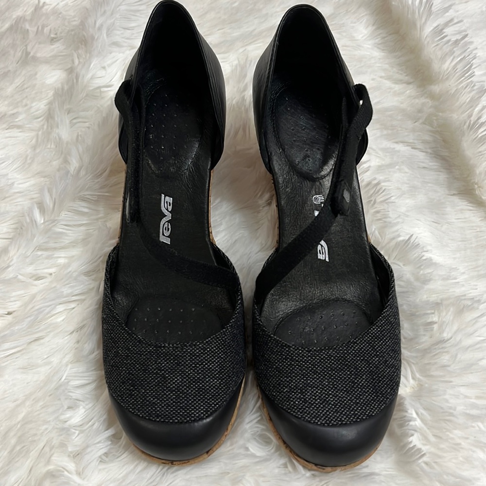 Teva Riviera Mary Jane Cork Wedge shoes sandals black SZ10 Excellent Condition!